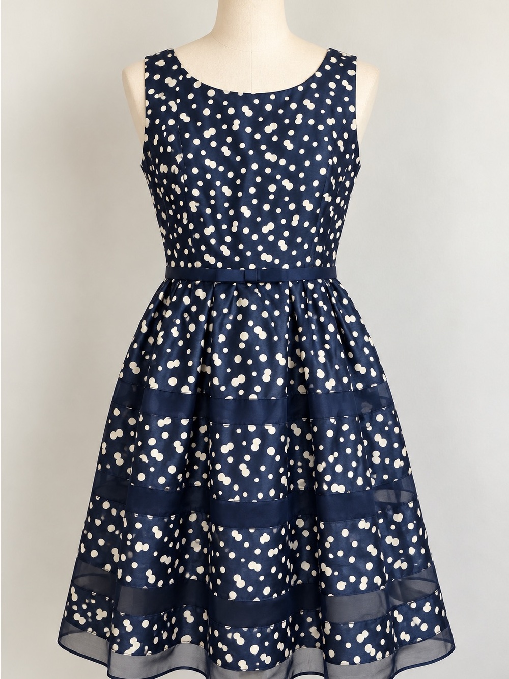 Just Taylor Size 8 Navy Ivory Polka Dot Silk Fit & Flare Cocktail Dress